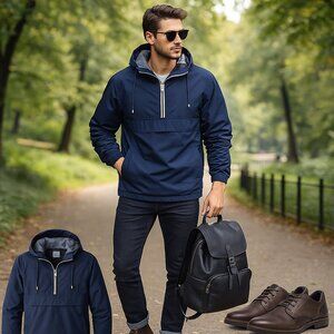 Wilson Navy Hooded Pullover Windbreaker (M, Unisex, Y2K Retro)